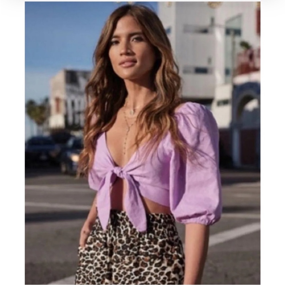 NWT EXPRESS Lavender Puff Sleeve Tie-Front Crop Top XXS - Picture 6 of 6